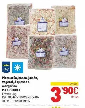 Makro Pizza atún bacon jamón vegetal 4 quesos o margarita makro chef oferta