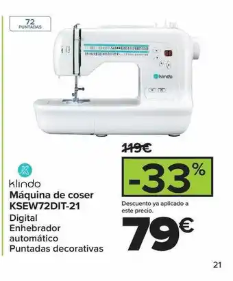 Carrefour Klindo máquina de coser dsew72dit-21 oferta