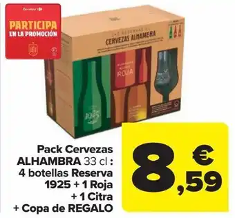 Carrefour Pack cerveza alhambra_ 4 botellas reserva 1925 + 1 roja + 1citras + copa de regalo oferta