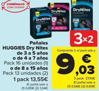 Carrefour Pañales huggies dry nites de 3 a 5 años o de 4 a 7 años, o de 8 a 15 años oferta