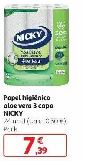 Alcampo Papel higiénico aloe vera 3 capas nicky oferta