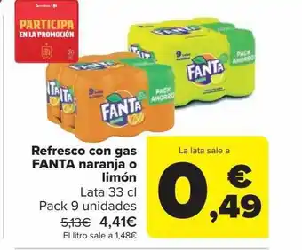 Carrefour Refresco con gas fanta naranja o limón lata pack 9 oferta