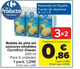 Carrefour Bebida de piña sin azúcar añadidos carrefour classic pack 6 oferta
