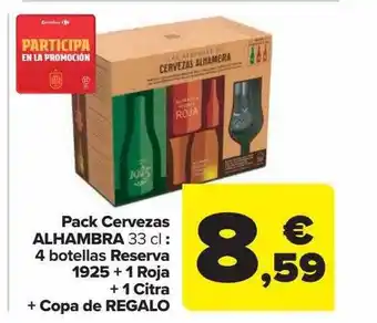 Carrefour Pack cervezas alhambra: 4 botellas reserva 1925 + 1 roja +1 citra + copa de regalo oferta