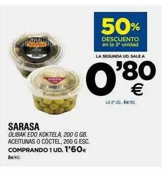BM Supermercados Sarasa olibak edo koktela aceitunas o cóctel 50% descuento en la 2a unidad oferta