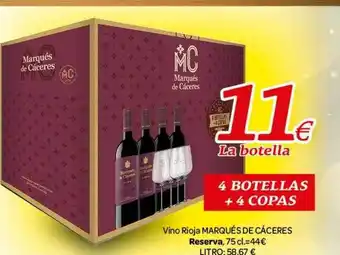 Alsara Supermercados Vino rioja marqués de cáceres reserva 4 botellas + 4 copas oferta