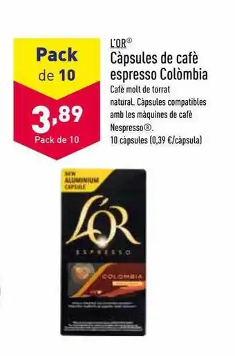 ALDI L'or càpsules de cafè espresso colómbia oferta