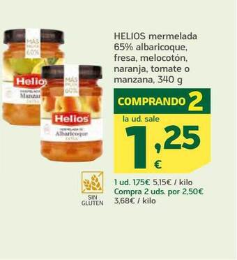 HiperDino Helios mermelada 65% albaricoque fresa. melocotón naranja. tomate o manzana oferta
