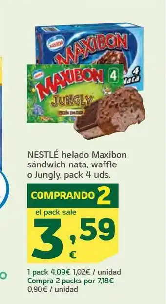 HiperDino Nestlé helado maxibon sándwich nata waffle o jungly pack 4 oferta