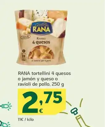 HiperDino Rana tortellini 4 quesos o jamón y queso o ravioli de pollo oferta