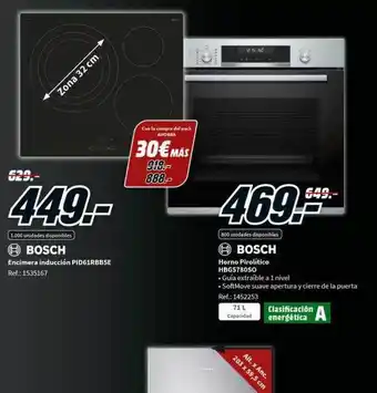 MediaMarkt Boschh encimera inducción pid61rbb5e boschh horno pirolitico hbg780so oferta