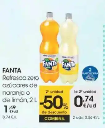 Eroski Fanta Refresco Zero Azúcares De Naranja O De Limón 2L oferta