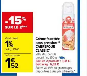Carrefour -15% sur le 2ème crème fouettée sous pression carrefour classic oferta