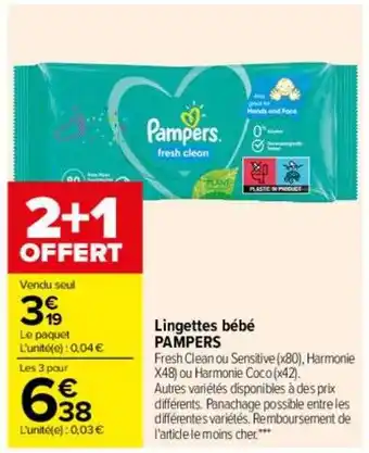 Carrefour Lingettes bébé pampers 2+1 offert oferta