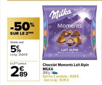 Carrefour Chocolat moments lait alpin milka -50% sur le 2ème oferta