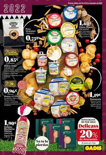 Gadis Créma queso président, picos utreranos obando, queso untar cremette, pintxo aguinamar, guacamole, galletas mariñeiras clásica oferta