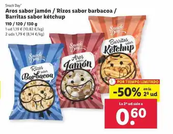 Lidl Snack day aros sabor jamón rizos sabor barbacoa barritas sabor kétchup oferta