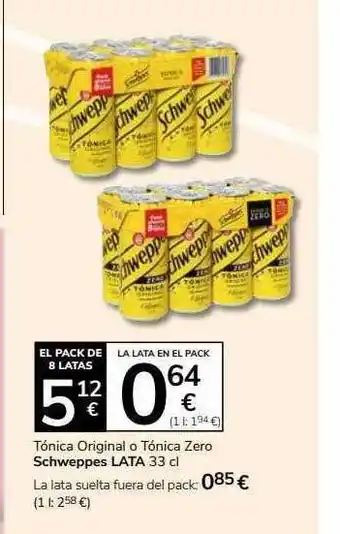 Supermercados Charter Tónica original o tónica zero schweppes lata oferta