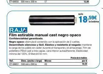 Staples Kalamazoo Ref. dims. (ancho x largo) et-68651 500 mm x 300 m micras 20 raja film estirable manual cast negro opaco confidencialidad oferta