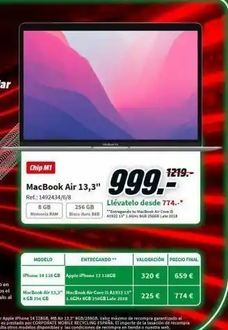 MediaMarkt Chip m1 macbook air 13,3" ref.: 1492434/6/8 8 gb memoria ram modelo iphone 14 128 gb macbook air 13,3" gb 256 gb 256 oferta