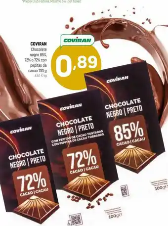 Coviran Coviran chocolate negro 85% 72% con pepitas de cacao oferta