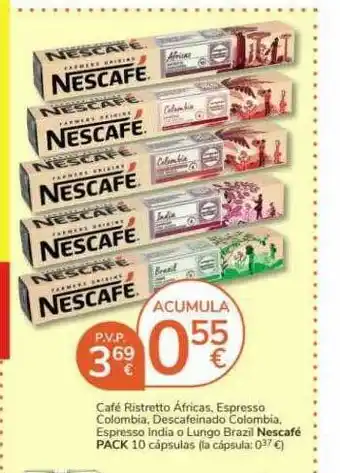 Consum Café ristretto áfricas, espresso colombia, descafeinado colombia, espresso india o lungo brazil nescafé pack oferta