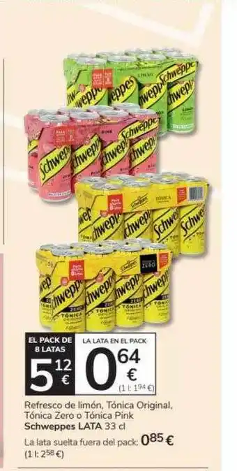 Refresco de limón, tónica original, tónica zero o tónica pink schweppes