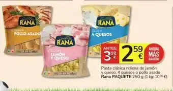 Consum Pasta clásica rellena de jamón y queso, 4 quesos o pollo asado rana oferta