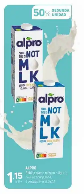 Coviran 50% segunda unidad alpro bebida avena clásico o light oferta