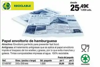 Staples Kalamazoo Papel envoltorio de hamburguesa oferta