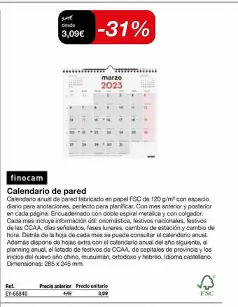 Staples Kalamazoo Finocam calendario de pared ey-65840 oferta