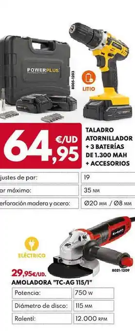 BricoCentro Taladro atornillador + 3 baterias de 1.300mah + accesorios amoladora oferta