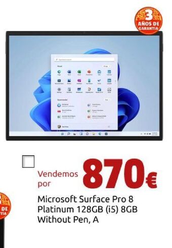 Microsoft surface pro 8 platinum128gb (i5) 8gb without pen, a