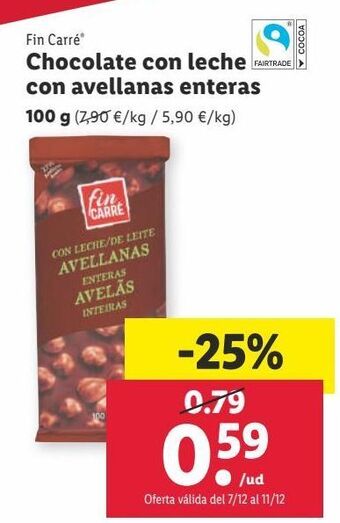 Lidl Chocolate con leche fin carré oferta