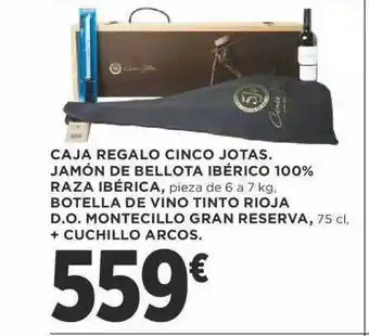 Supercor Caja regalo cinco jotas. jamón de bellota ibérico 100% raza ibérica botella de vino tinto rioja d.o. montecillo gran reserva oferta