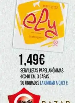 Claudio Servilletas papel anónimas 40x40 3 capas 50 oferta