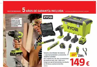Bauhaus Taladro atornillador de bateria + caja herramientas y accesorios 'r18pd3-220tah' ryobi oferta