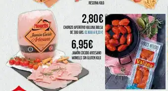 Claudio Chorizo aperitivo vallina bolsa jamón cocido artesano monells sin gluten kilo oferta