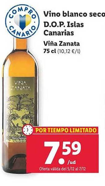 Lidl Vino blanco seco d.o.p.islas canarias viña zanata oferta