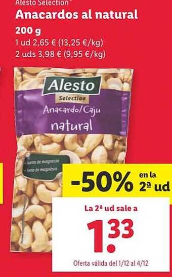 Lidl Alesto selection anacardos al natural oferta