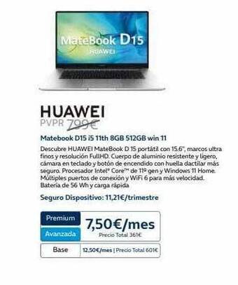 Movistar Huawei matebook d15 i5 11th 8gb 512gb win 11 oferta