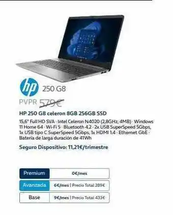 Movistar Hp 250 g8 celeron 8gb 256gb ssd oferta