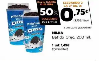 Supermercados Lupa 50% descuento en la 2a ud milka batido oreo oferta
