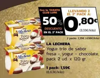 Supermercados Lupa 50% descuento en el 2° pack la lechera yogur trío de sabor fresa - yogur - chocolate pack 2 oferta