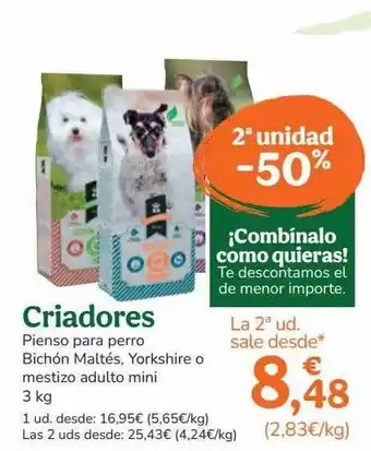 TiendAnimal 2a unidad -50% criadores pienso para perro bichón maltés, yorkshire o mestizo adulto mini oferta