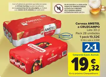 Carrefour Cerveza amstel o cruzcampo, pack 28 unidades oferta