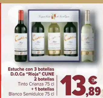 Carrefour Estuche con 3 botellas d.o.ca. "rioja" cune 2 botellas tinto crianza + 1 botellas blanco semidulce oferta