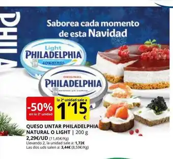 Supermercados MAS -50% en la 2da unidad queso untar philadelphia natural o light oferta