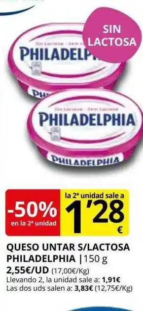 Supermercados MAS -50% en la 2da unidad queso untar s lactosa philadelphia oferta