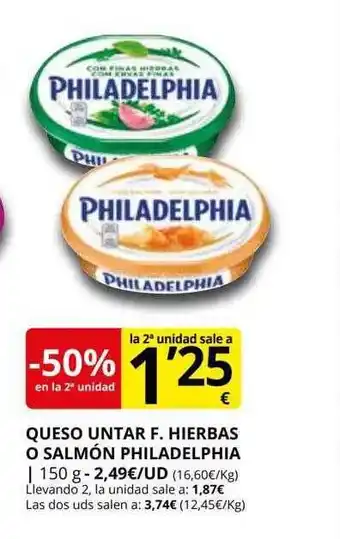 Supermercados MAS -50% en la 2da unidad queso untar f hierbas o salmón philadelphia oferta